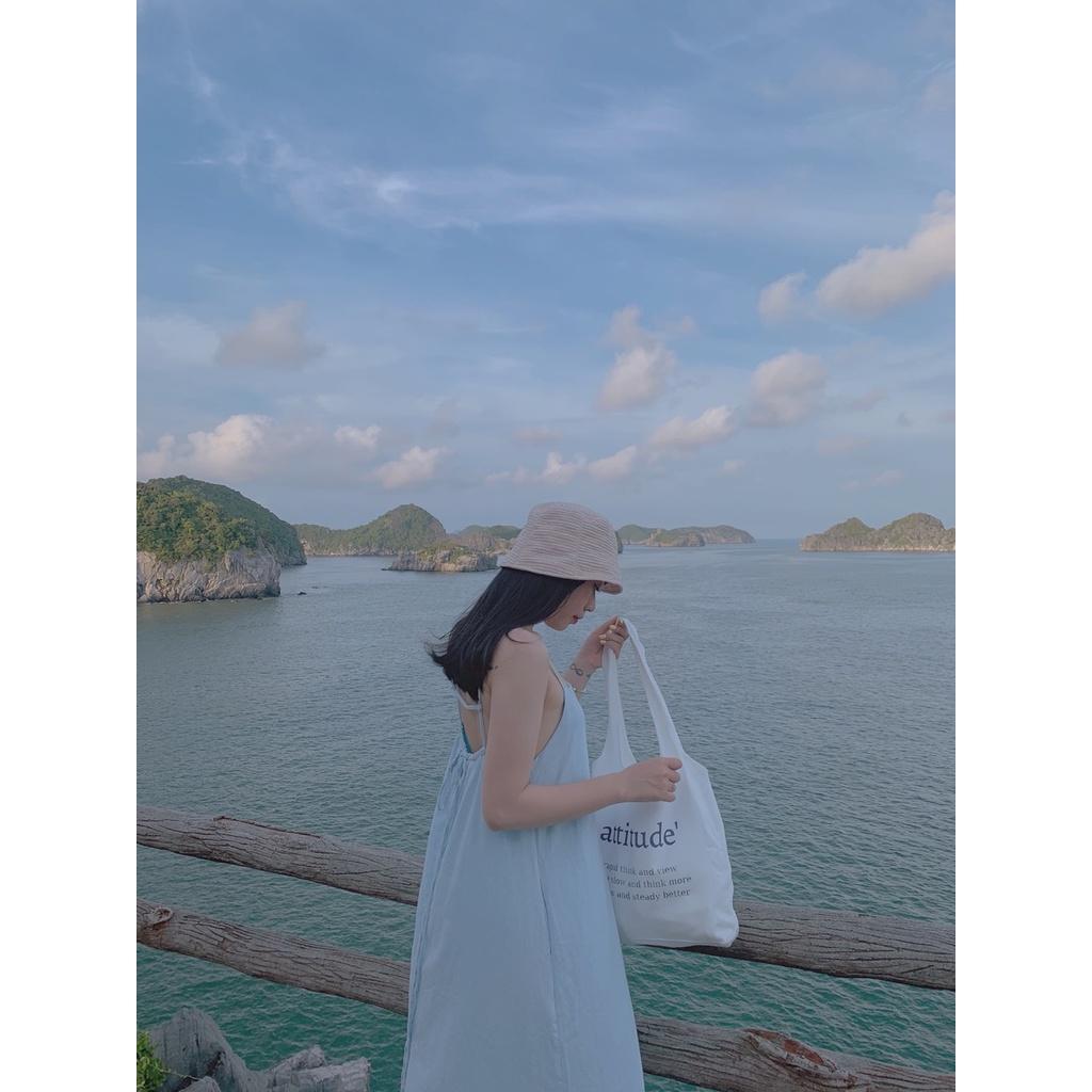 Đầm 2 dây maxi đi biển, Đầm yếm form rộng dáng suông Cao Cấp màu xanh dương dài hở lưng cột nơ sau - MiNhi