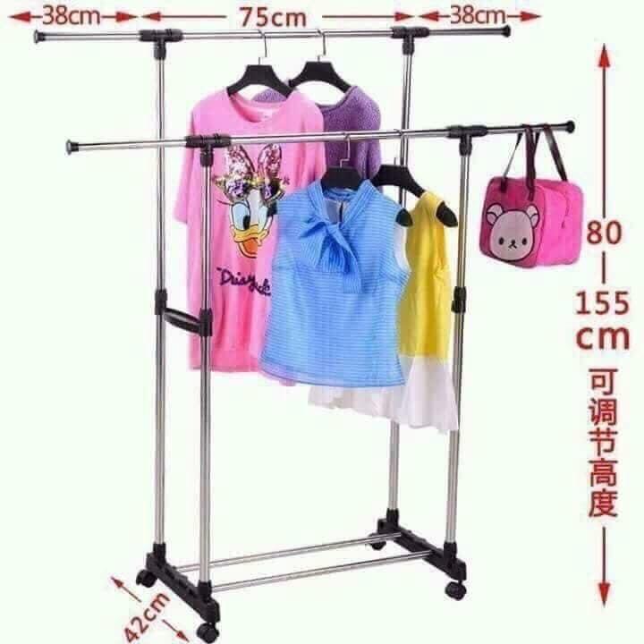 DÀN PHƠI QUẦN ÁO INOX 2 TẦNG CÓ BÁNH XE DI CHUYỂN THÔNG MINH
