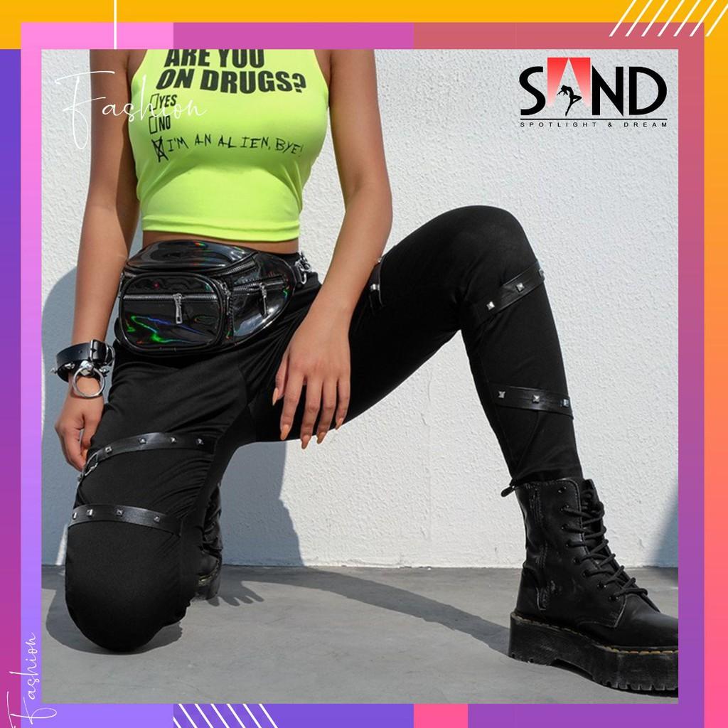 Quần Legging Cách Điệu Ống Đan Dây Da