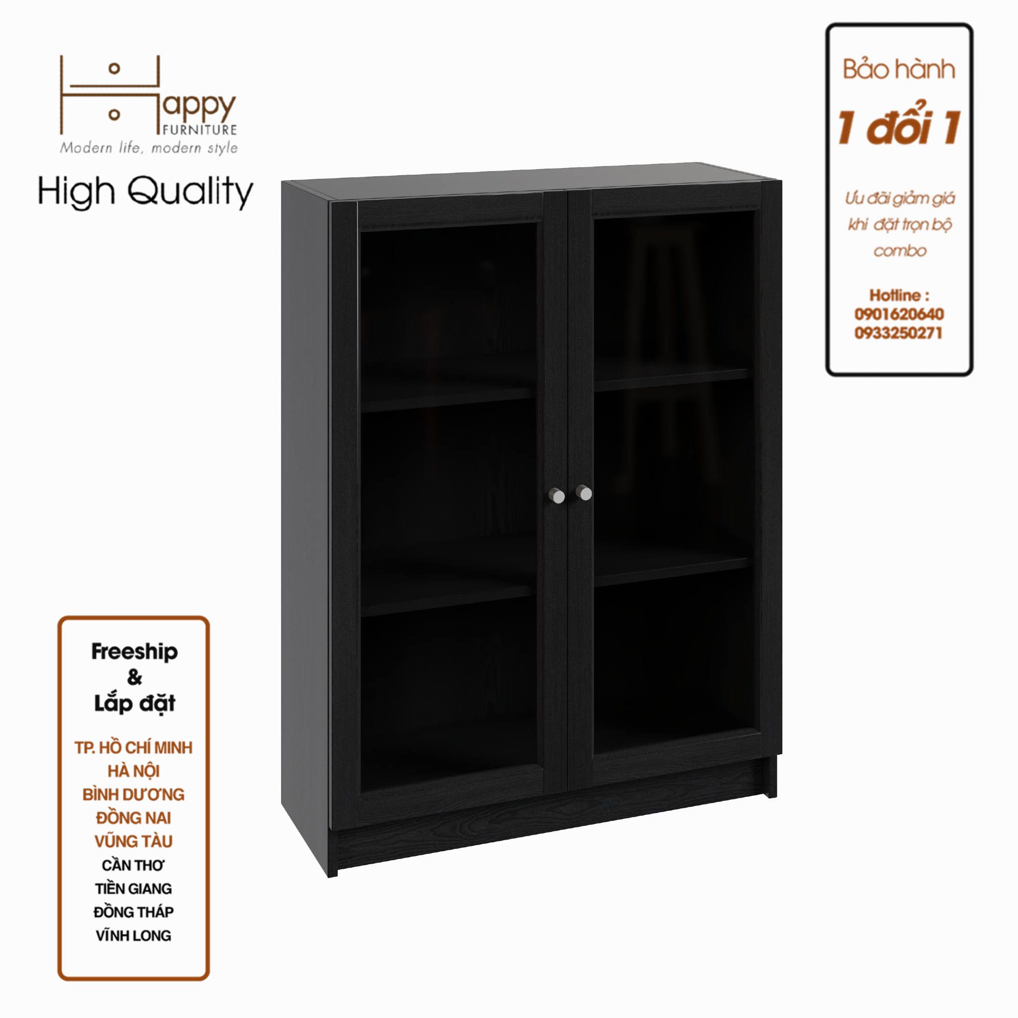 [Happy Home Furniture] CATY, kệ sách 3 tầng cửa kính,  80cm x 30cm x 106cm (DxRxC), KSA_012