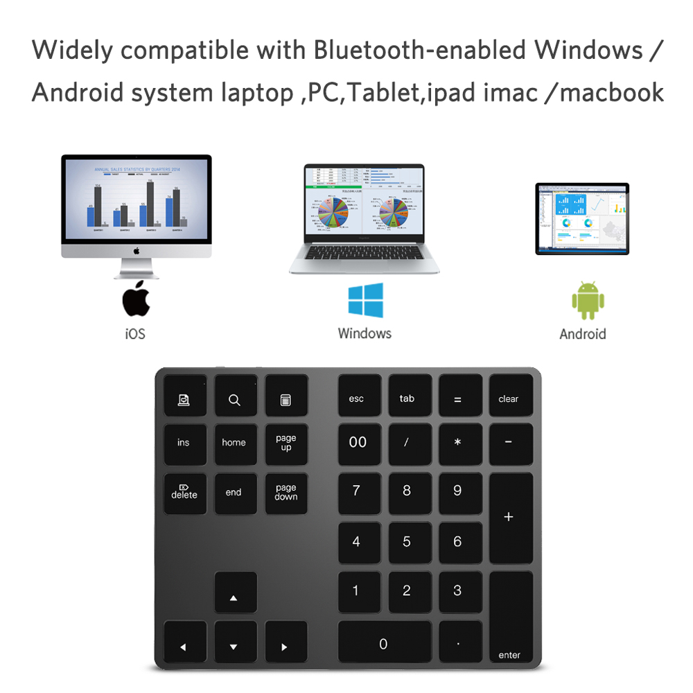 Bàn Phím Số Không Dây Bằng Nhôm 34 Phím BT Tích Hợp Pin Sạc Cho Windows / IOS / Android