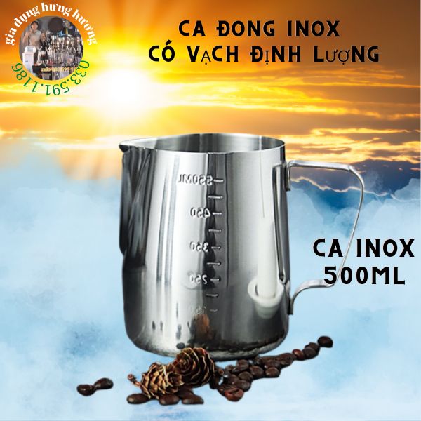 Có chia vạch Cốc ca đánh sữa inox 550ml (100% inox 304)cà phê Espresso