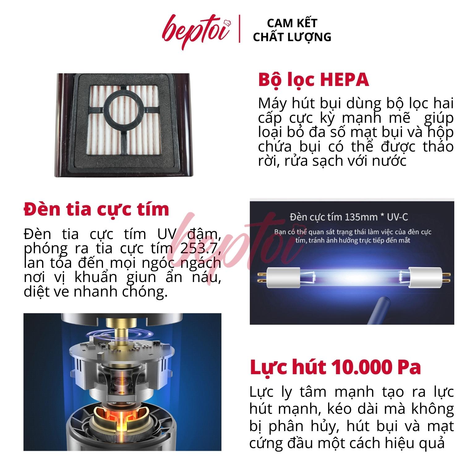 Máy hút bụi giường nệm diệt khuẩn UV TSUKI TS-HC01, dây dài 3,5 mét, lực hút 10.000 Pa - Hàng chính hãng