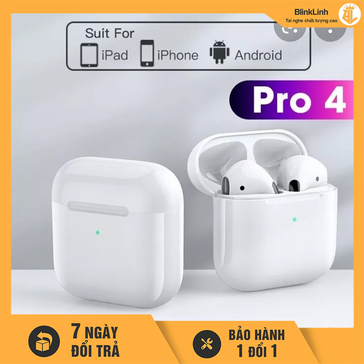 Tai nghe Bluetooth Pro4 không dây chống nước chống ồn, Micm thoại rõ cảm ứng chạm 2 bên đàm, Bluetooth V5.0 kết nối nhanh bắt xa hơn 10m, Âm bass to và ấm, Định vị, Đổi Tên