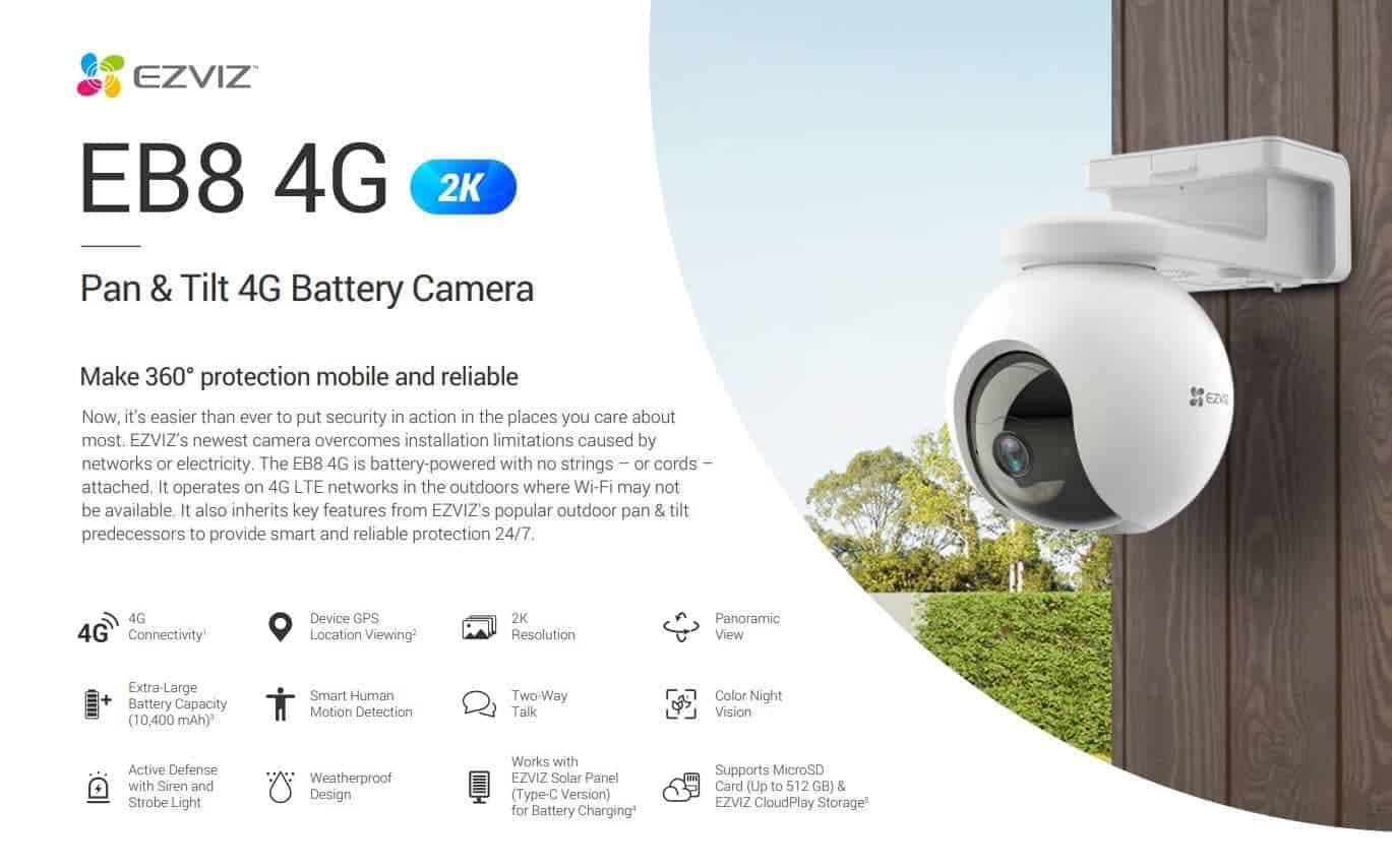 Camera Ezviz Pin Sạc EB8 2K dùng Sim 4G, Tặng Kèm Tắm Pin NLMT, định vị GPS, có màu ban đêm - Hàng chính hãng