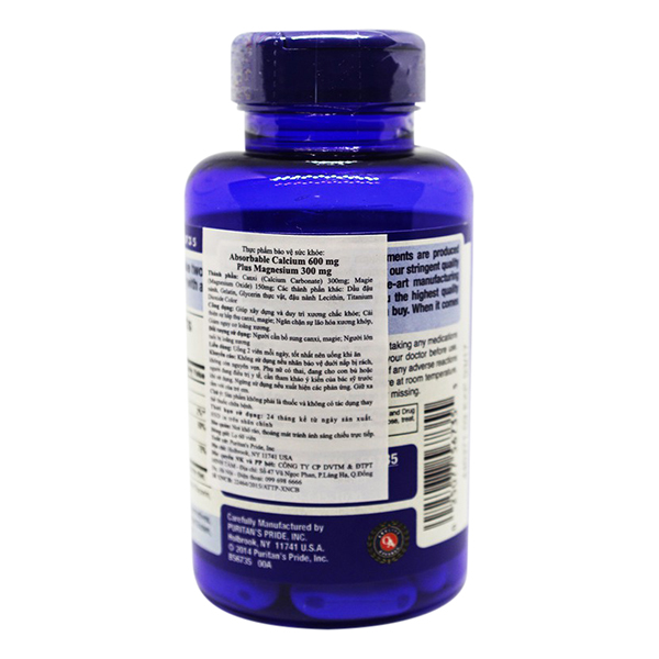 Thực Phẩm Chức Năng - Viên Uống Bổ Sung Canxi Dạng Dễ Hấp Thụ Puritan'S Pride Absorbable Calcium 600Mg Plus Magnesium 300Mg