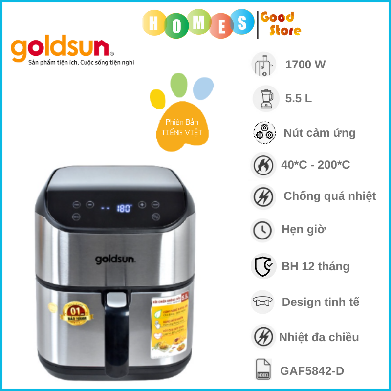 Nồi Chiên Không Dầu GOLDSUN GAF5842-D 6 Chức Năng Chiên Dung Tích 5.5L Công Suất 1700 W - Hàng Chính Hãng