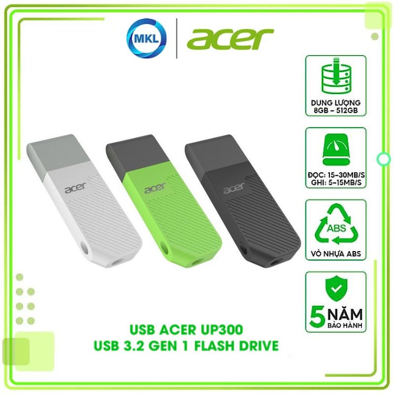 USB Acer UP300 tốc độ đọc/ghi lên đến 120 MB/s - Hàng chính hãng bảo hành 5 năm - Thiết bị lưu trữ dung lượng 8GB - 1TB