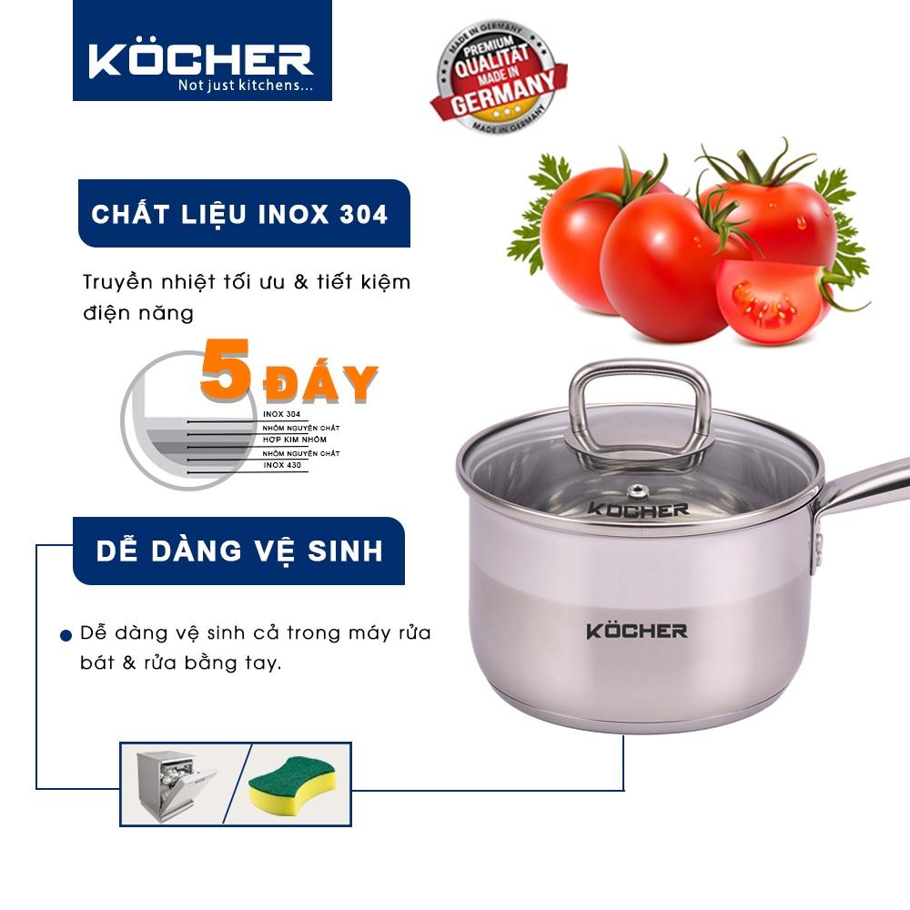 Nồi quánh inox Kocher nấu cháo cho bé có tay cầm inox 304 5 đáy cao cấp size 16cm - Hàng chính hãng