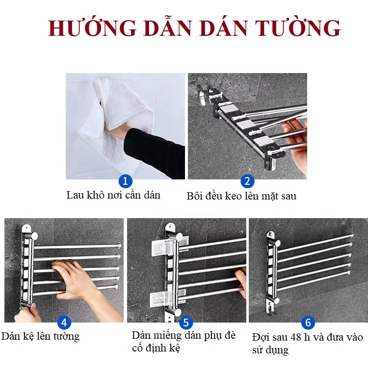 Thanh treo khăn nhà tắm dán tường 4 nhánh Inox 304 Cao cấp VKT4 - Vắt khăn tắm và đồ đạc đa năng tặng keo dán chuyên dụng siêu dính