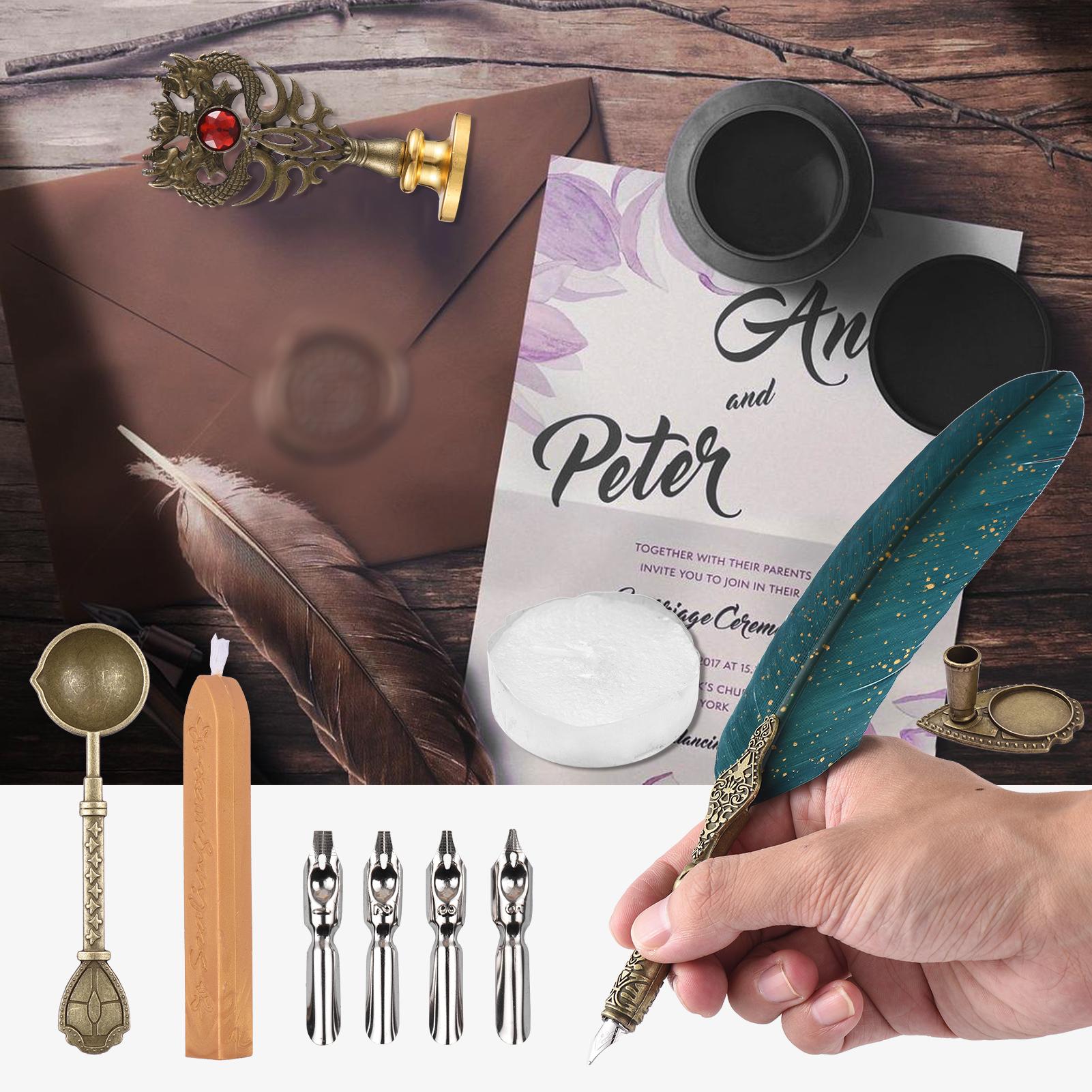 Calligraphy Pen Ink Set and Wax Seal Kit Quill Pen and Ink Set Feather Pen Antique Calligraphy Dip Pen with 10 Replacement Nibs Vintage Gift Box