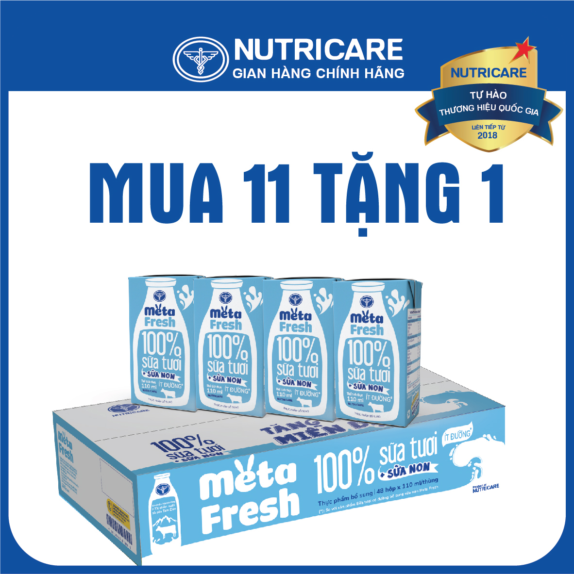 [Mua 11 lốc tặng 1] Sữa tươi Nutricare Meta Fresh Ít Đường (110ml)