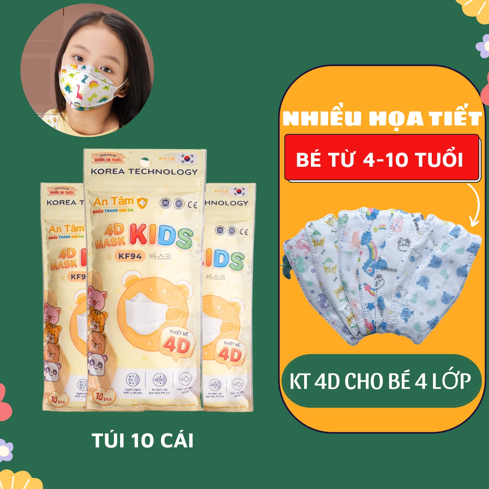 Thùng khẩu trang kf94 4d cho bé 4 lớp kháng khuẩn ngăn bụi thông thoáng chính hãng An Tâm thùng 300 cái_x30AT4DC