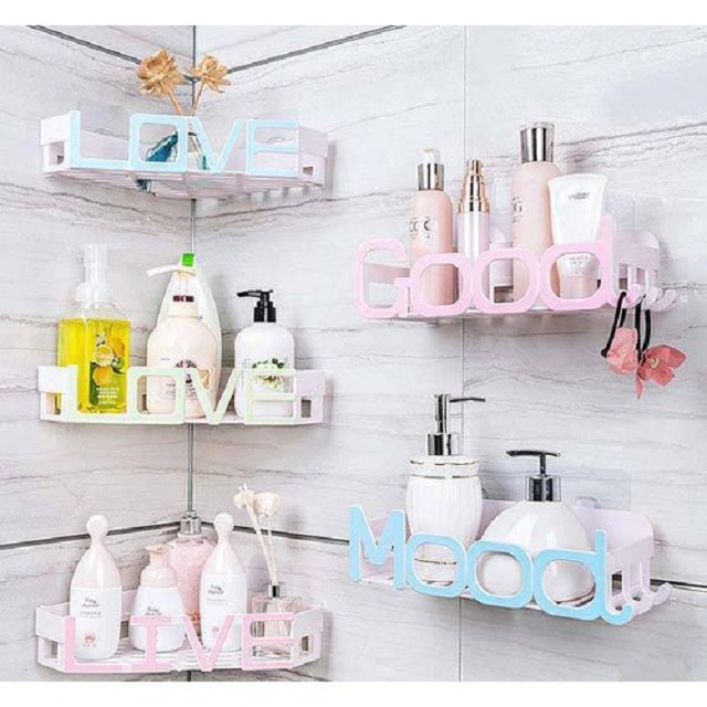 Kệ góc nhà tắm cách điệu chữ LOVE sử dụng miếng dán cường lực