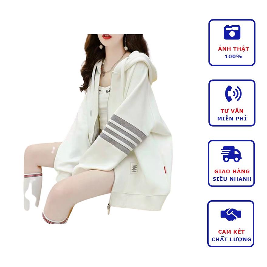 Áo Khoác Cardigan Nữ Phối Sọc Cánh Tay Form Unisex Chất Liệu Nỉ Bông Dày Dặn Có Nón Chống Nắng, Chống Gió Siêu Hot