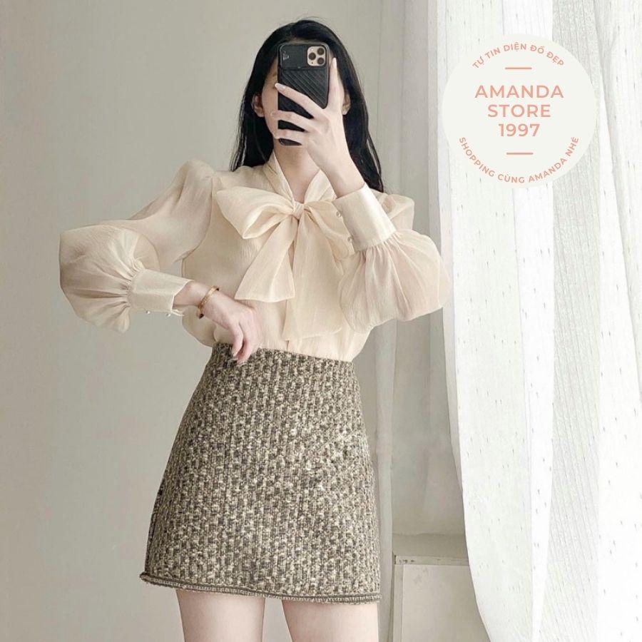Áo Sơ Mi Nữ Cổ Nơ Dài Tay Hàng Cúc Ngọc Siêu Xinh. Áo sơ mi chất Voan cổ nơ cúc ngọc sang chảnh