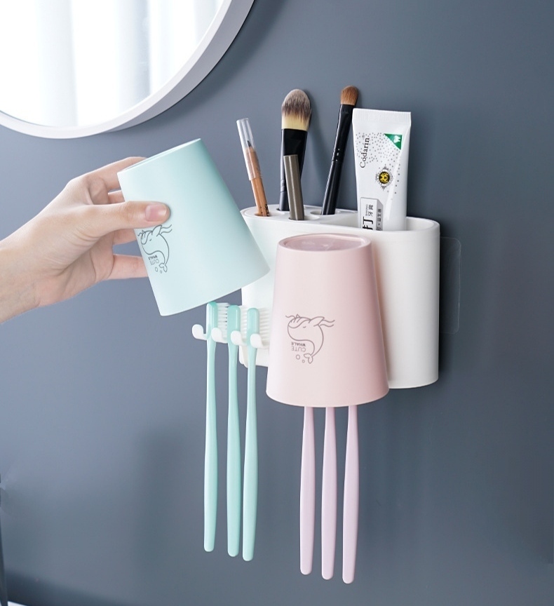 Kệ đựng bàn chải kem đánh răng EC3 -  kèm 02 cốc lúa mạch dính tường tiện dụng