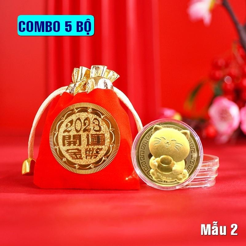 Set 05 xu Mèo vàng + túi gấm 2023 sang trọng, quý phái, dùng làm quà tặng, lì xì tết - Mẫu 2 - PASA COLLECTION