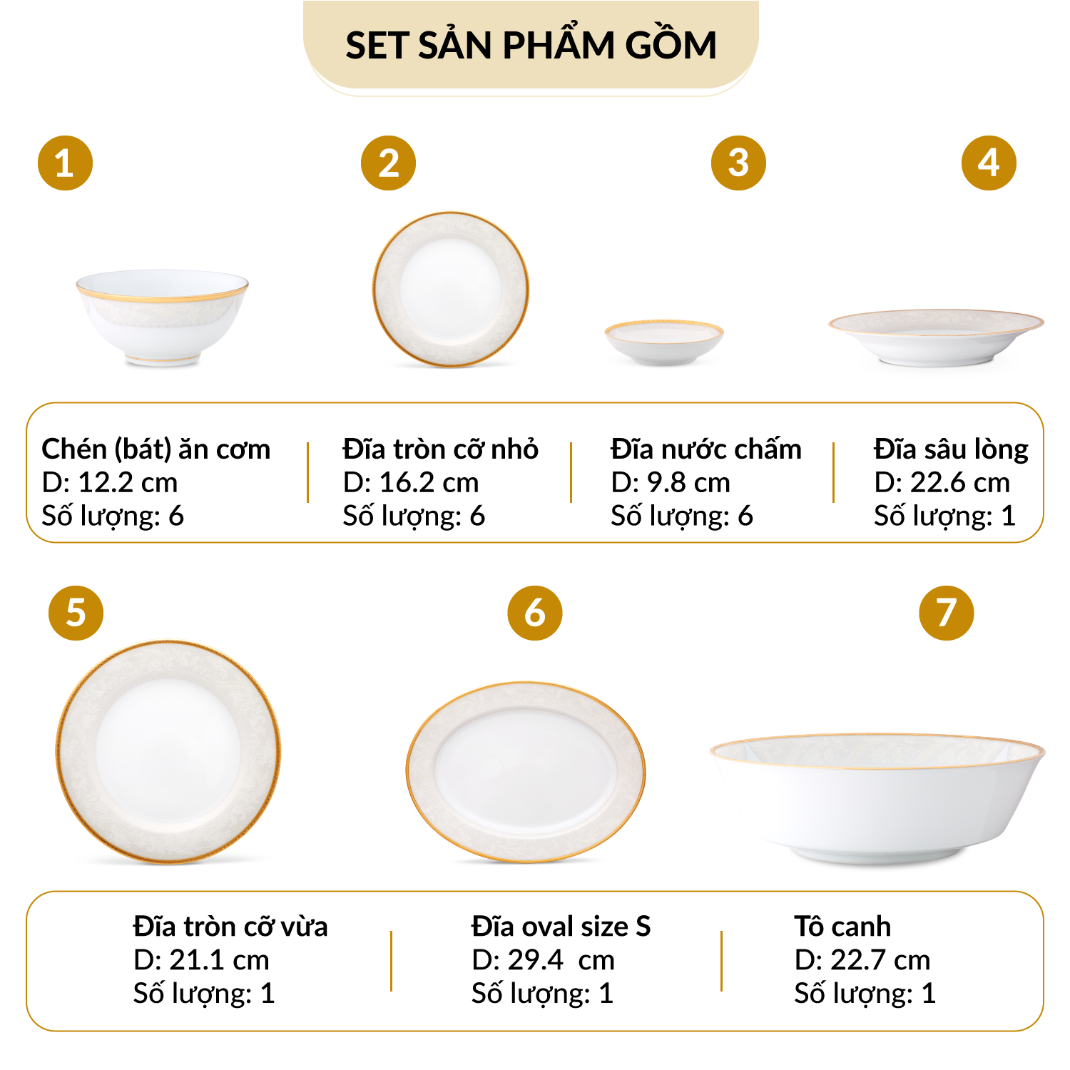 Bộ Bàn Ăn Châu Á Cơ Bản 22 Món Noritake dòng Flanders Gold sứ trắng cao cấp (1714 - D022AB)