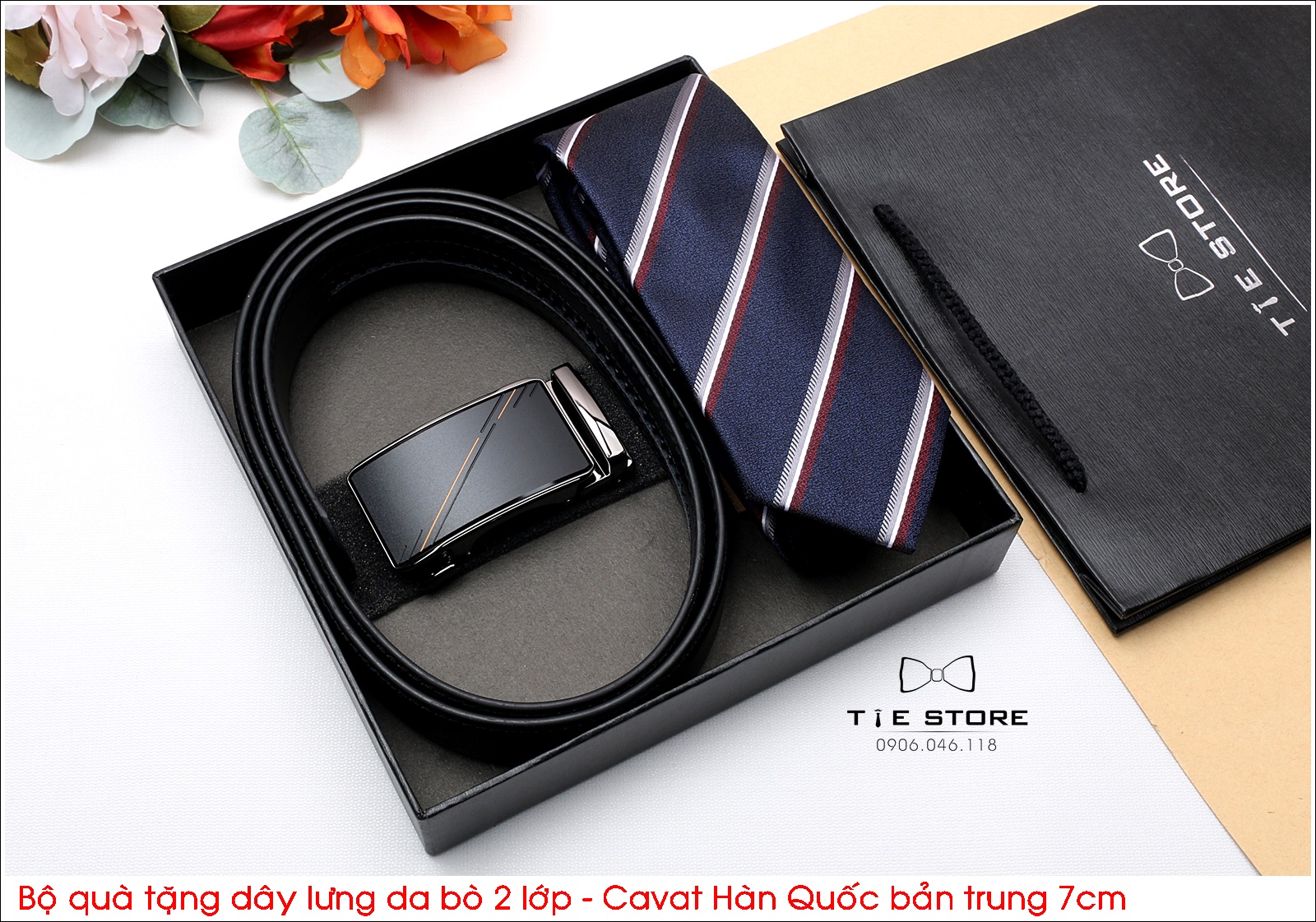 Bộ quà tặng thầy, tặng người thân, tặng sếp, Dây lưng da bò 2 lớp - Cavat hàn quốc bản trung 7cm - Full box MS3