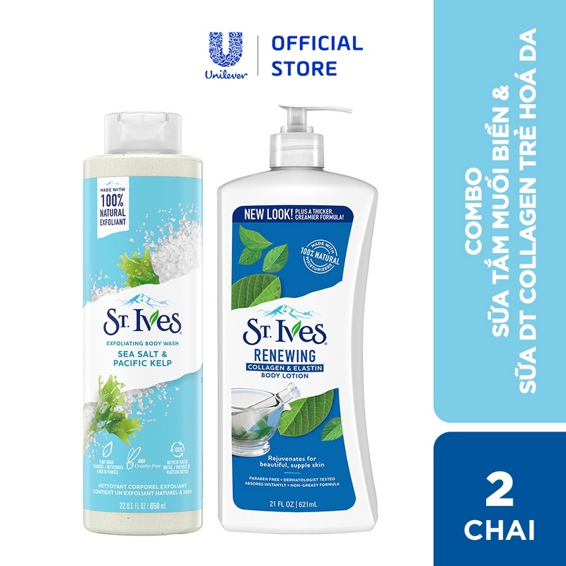 Combo Sữa tắm St.ives Muối biển 650ml và Sữa dưỡng thể St.Ives collagen trẻ hoá da 621ml