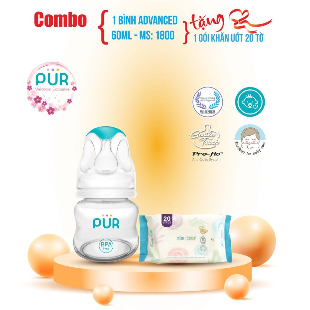 Bình sữa cổ thường Pur Advanced 60ml được làm từ chất vật liệu tinh khiết - Tặng gói khăn ướt Pur