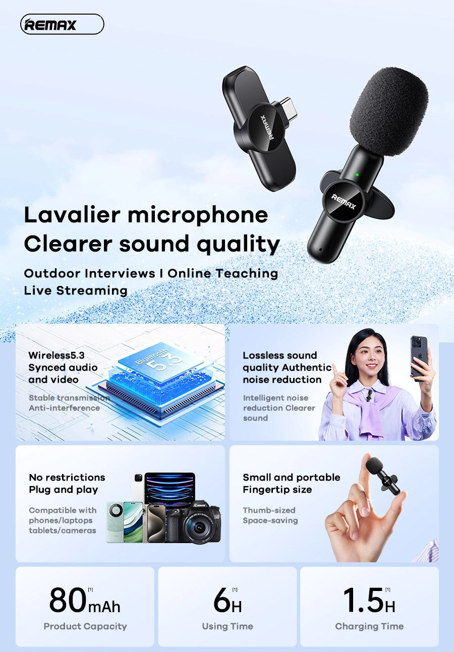 Micro thu âm không dây Type C kẹp cổ áo Remax K09 dùng cho Samsung/ iP15/ xiaomi/ Laptop/ PC _ Hàng chính hãng