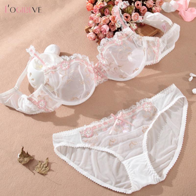 Logirlve Thêu Tinh Tế Màu Hồng Sen Siêu Mỏng Gợi Cảm Trong Suốt Ren Quần Lót Bộ Áo Ngực