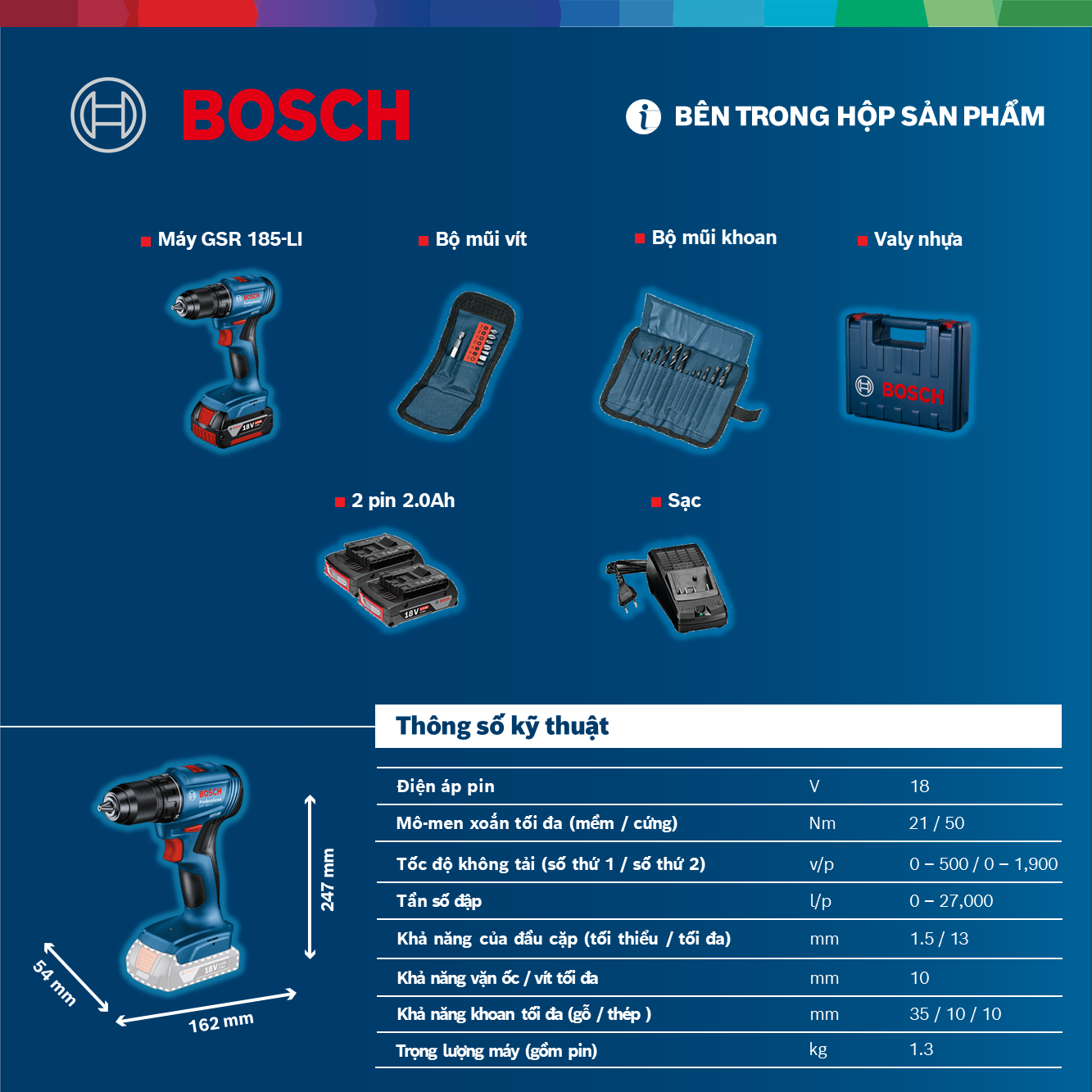 Máy khoan vặn vít dùng pin Bosch GSR 185-LI và Phụ kiện