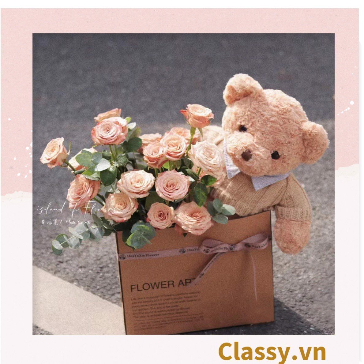 Túi giấy quai xách 30 X 25 X 13 cm đựng hoa trang trí in chữ Flower Art màu Nâu kraft vintage Q1727 (không kèm gấu, hoa, ruy băng)