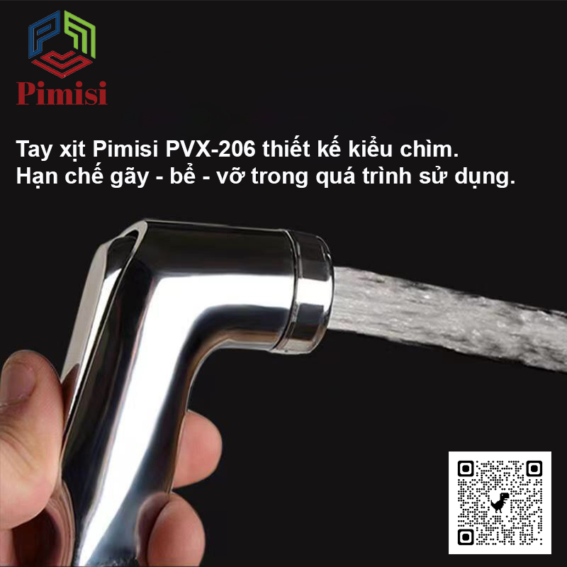 Vòi Xịt Bồn Cầu Vệ Sinh Phòng Tắm Pimisi PVX-206 Chịu Áp Lực Nước Lớn Như Chung Cư, Nhà Cao Tầng Hay Máy Tăng Áp Mạ Màu Inox, Với Tay Xịt Toilet WC Chìm Chống Gãy - Bể - Vỡ Và Dây Nhựa Dẻo Cao Cấp - Mềm - Trơn Bề Mặt | Hàng Chính Hãng