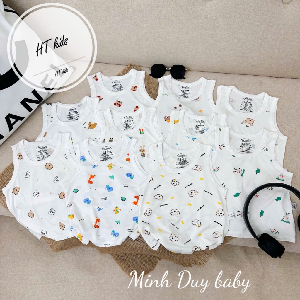 [4-14kg] Áo Ba Lỗ Sát Nách THUN LẠNH PETIT Trắng Họa Tiết Dễ Thương Cho Bé