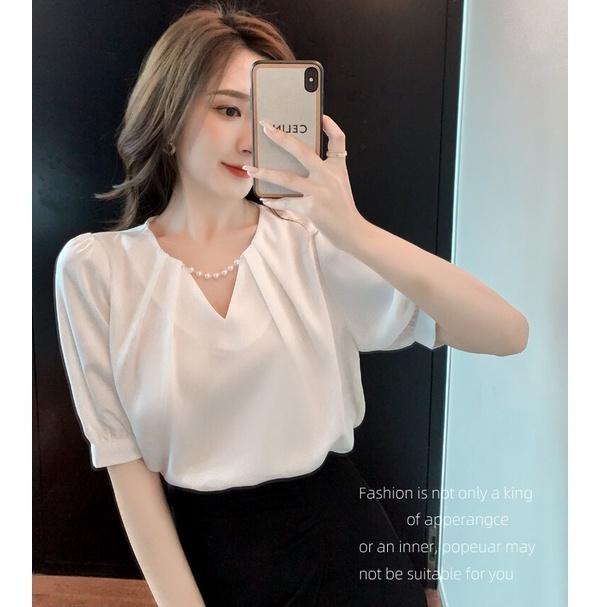 Áo sơ mi kiểu nữ cổ V đính VÒNG NGỌC tay lửng sang trọng