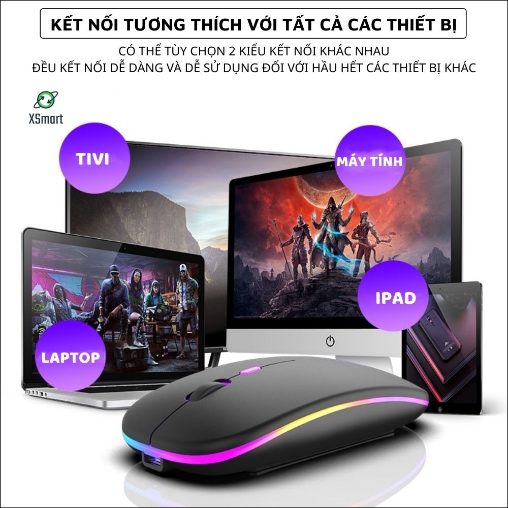 Chuột Bluetooth Không Dây Cao Cấp XSmart X15 LED RGB, Thiết Kế Mỏng Đẹp Hiện Đại 2023, Pin Sạc Lithium Dùng Siêu Trâu, Trang Bị Bluetooth 5.0 Tương Thích Với Các Dòng Điện Thoại, Laptop, Ipad - Hàng Chính Hãng