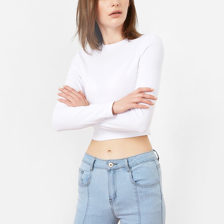 Áo thun cổ tròn tay dài dáng croptop hiện đại