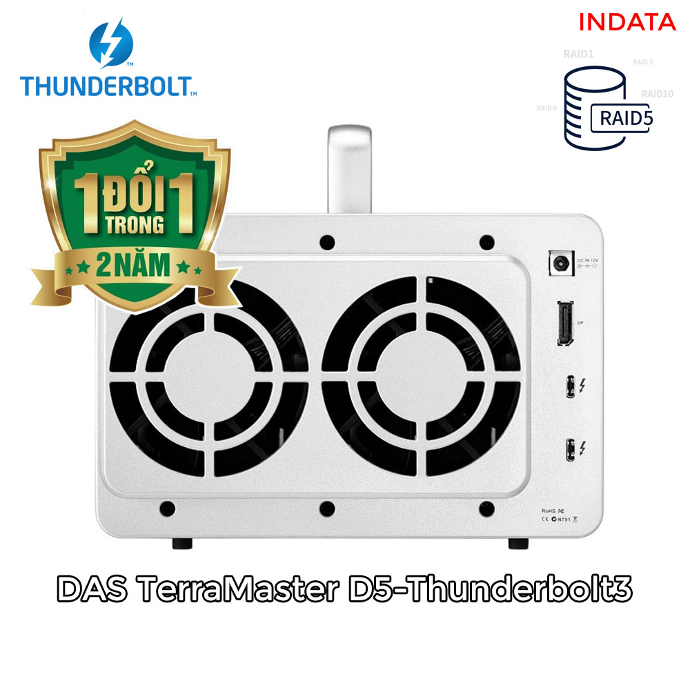 Bộ lưu trữ dữ liệu DAS TerraMaster D5-Thunderbolt 3 chuyên cho xử lý video và xử lý ảnh, 40Gbps, 1035MB/s, 5 khay ổ cứng RAID 0,1,5,10,JBOD,Single - Hàng chính hãng