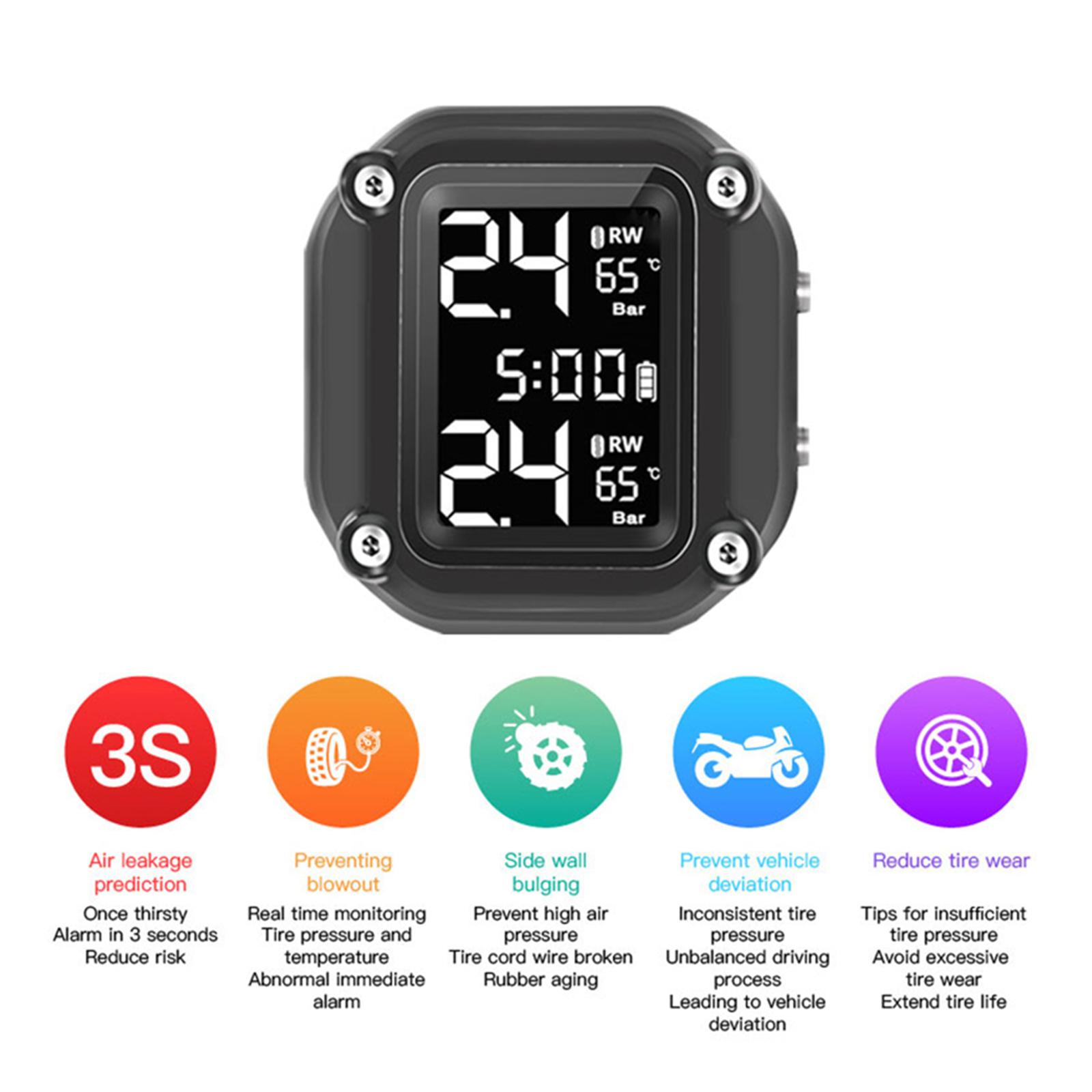 Motorcycle TPMS Tire Pressure Monitoring System Gauge LCD Display Durable