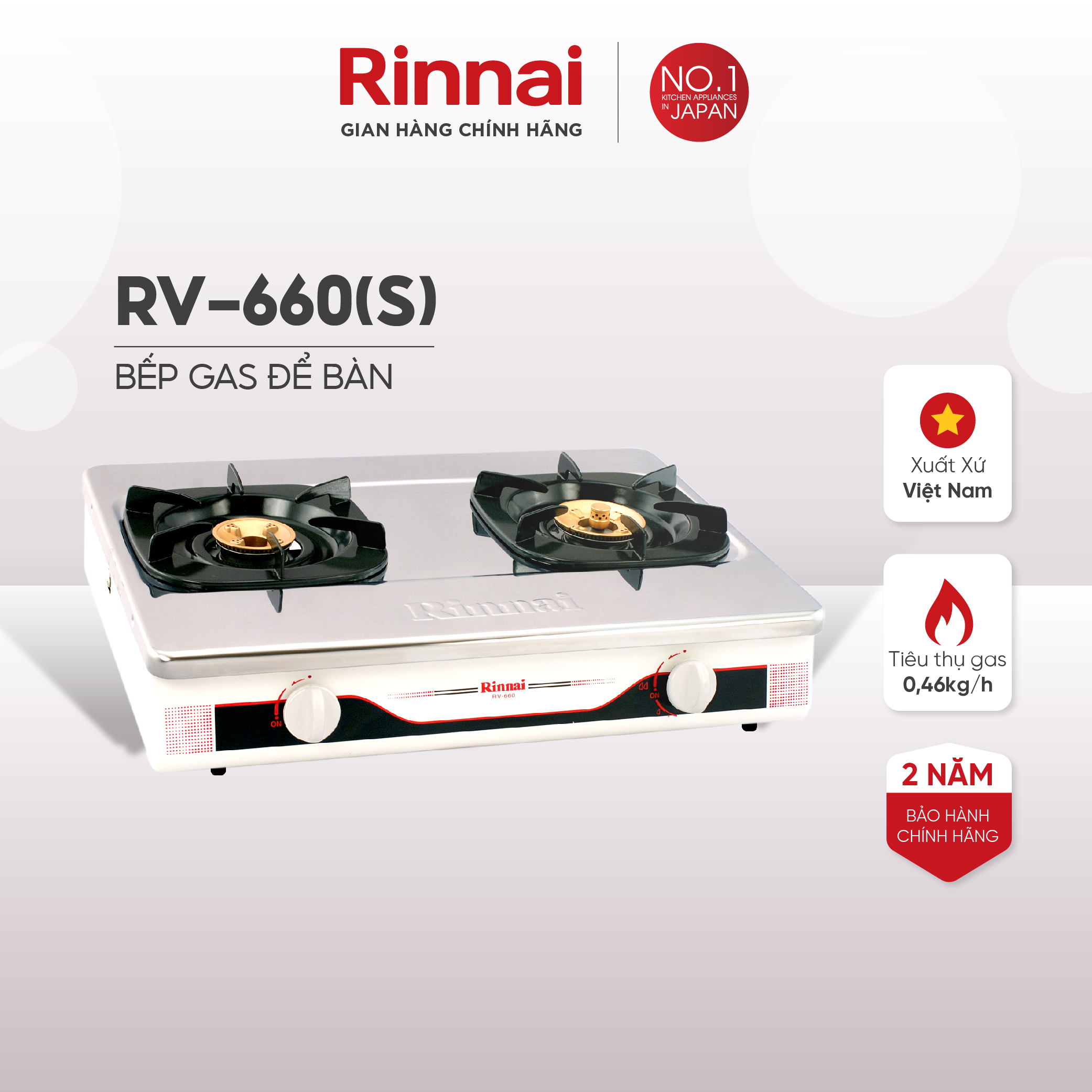 Bếp gas dương Rinnai RV-660 mặt bếp inox và kiềng bếp men - Hàng chính hãng.