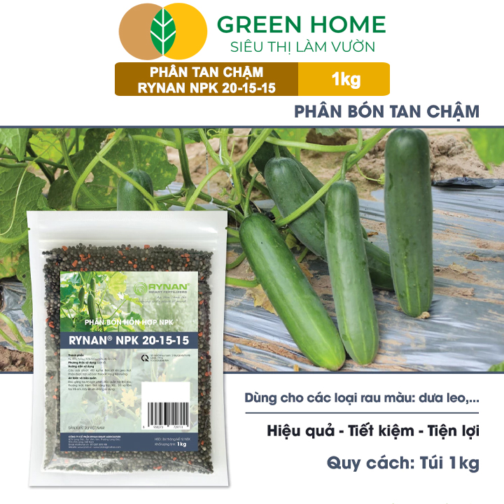 Phân Tan Chậm GreenHome, Rynan NPK 20-15-15, Túi 1kg, Dùng Cho Loại Cây Họ Leo Bầu Bí, Mướp, Dưa Leo