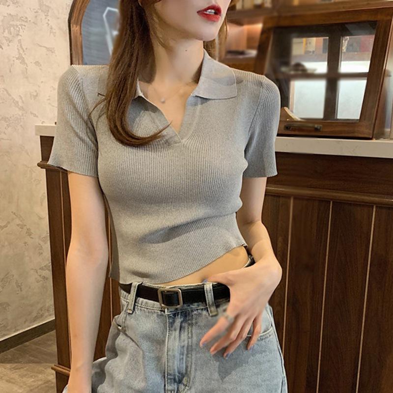Áo Thun Dệt Kim Tay Ngắn Cổ Chữ V Màu Trơn Thanh Lịch