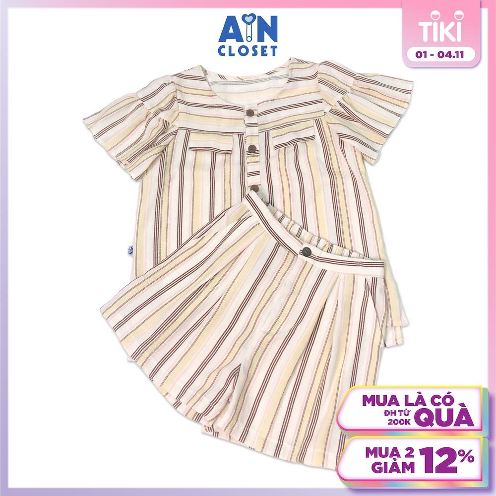 Bộ quần áo ngắn cho mẹ họa tiết Kẻ nâu tay rũ cotton - AICDMEYRKZ7B - AIN Closet