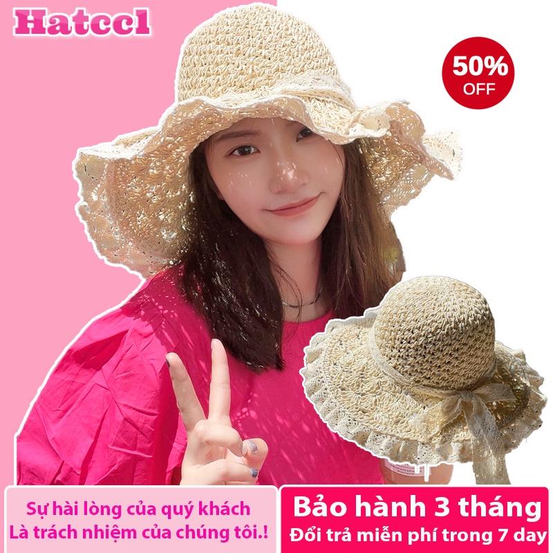 Mũ cói đi biển vành rộng, Nón cói nữ du lịch thời trang viền ren cute dây thắt nơ - TB23