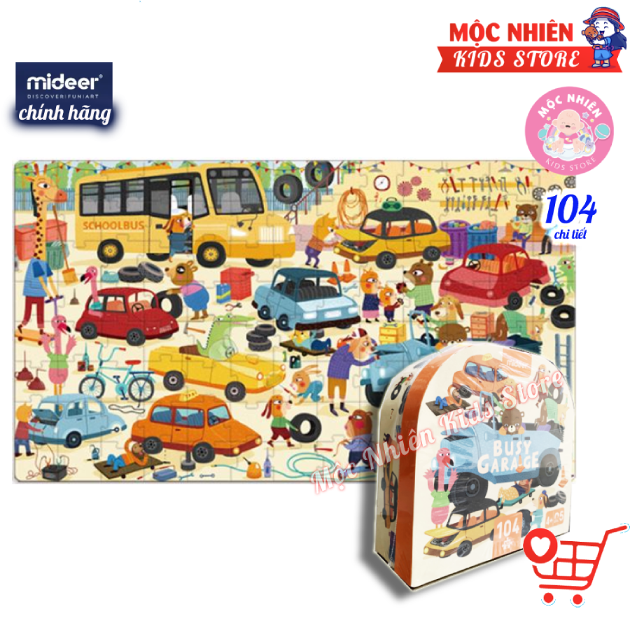 Bộ xếp hình valy Mideer 104 mảnh ghép dành cho bé từ 4 tuổi (Puzzle) - Chủ đề Garage xe ô tô
