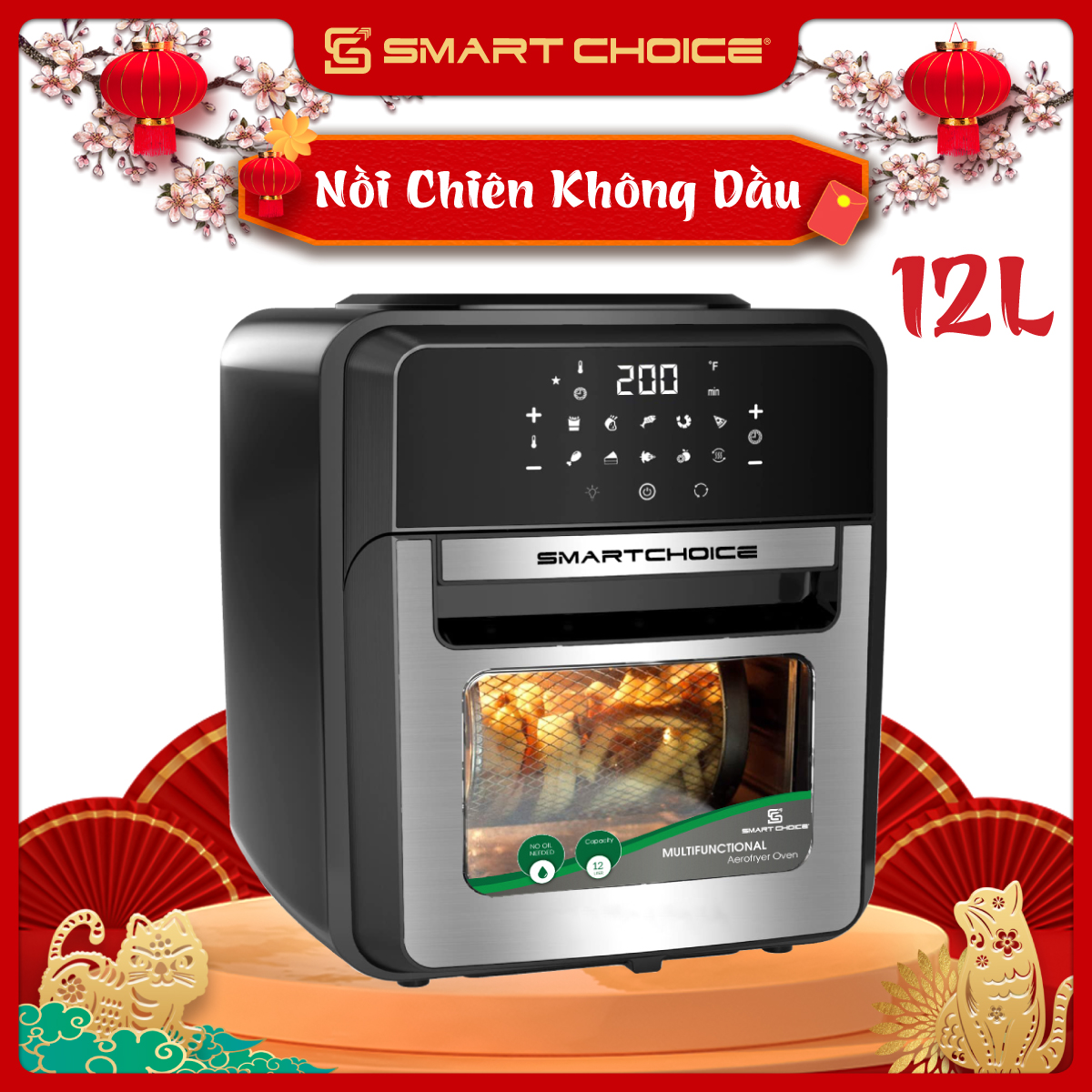 Nồi Chiên Không Dầu Điện Tử SMARTCHOICE 12L Cao Cấp - 10 Chế Độ Nấu ( Công Suất 1800W ), Lò Chiên Không Dầu Cảm Ứng, Đầy Đủ Phụ Kiện Đa Năng - Bảo Hành CHÍNH HÃNG 18 tháng