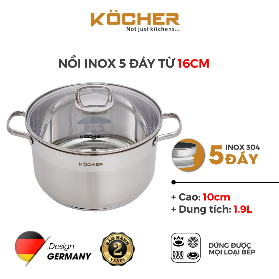 Nồi inox 304 5 đáy cao cấp size 16cm KOCHER sử dụng được mọi loại bếp