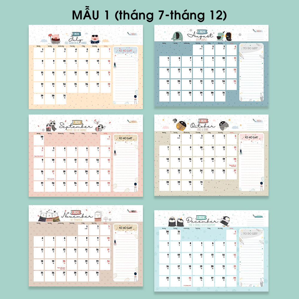 Lịch để bàn 2024 [TẶNG 12/2023], lịch 2024 có lịch âm, note ngày lễ, tone màu pastel cute 1, planner