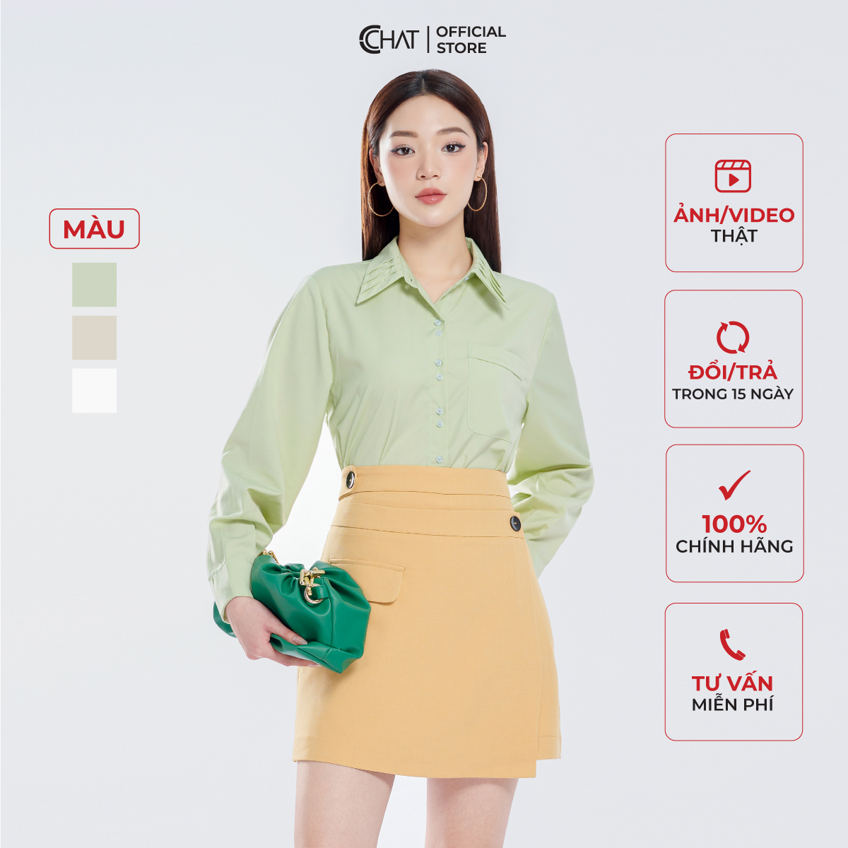 Áo Sơ Mi Nữ CCHAT Bấu Mí Lá Cổ Chất Liệu Thô Nhập Khẩu 13SDT2005ST