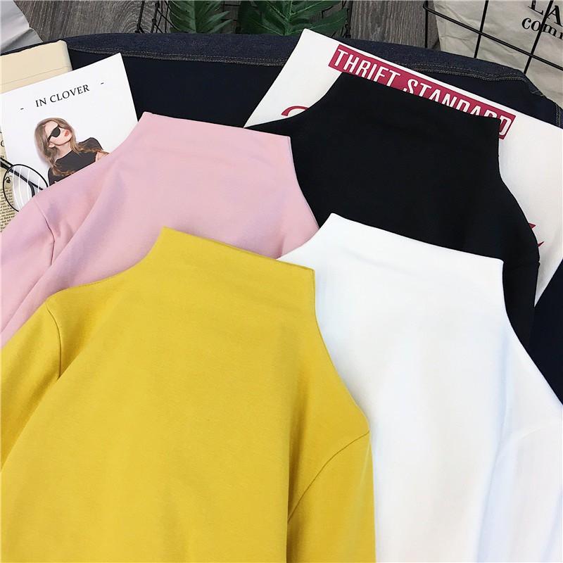 Áo thun tay dài cổ lọ màu trơn đơn giản cho nữ