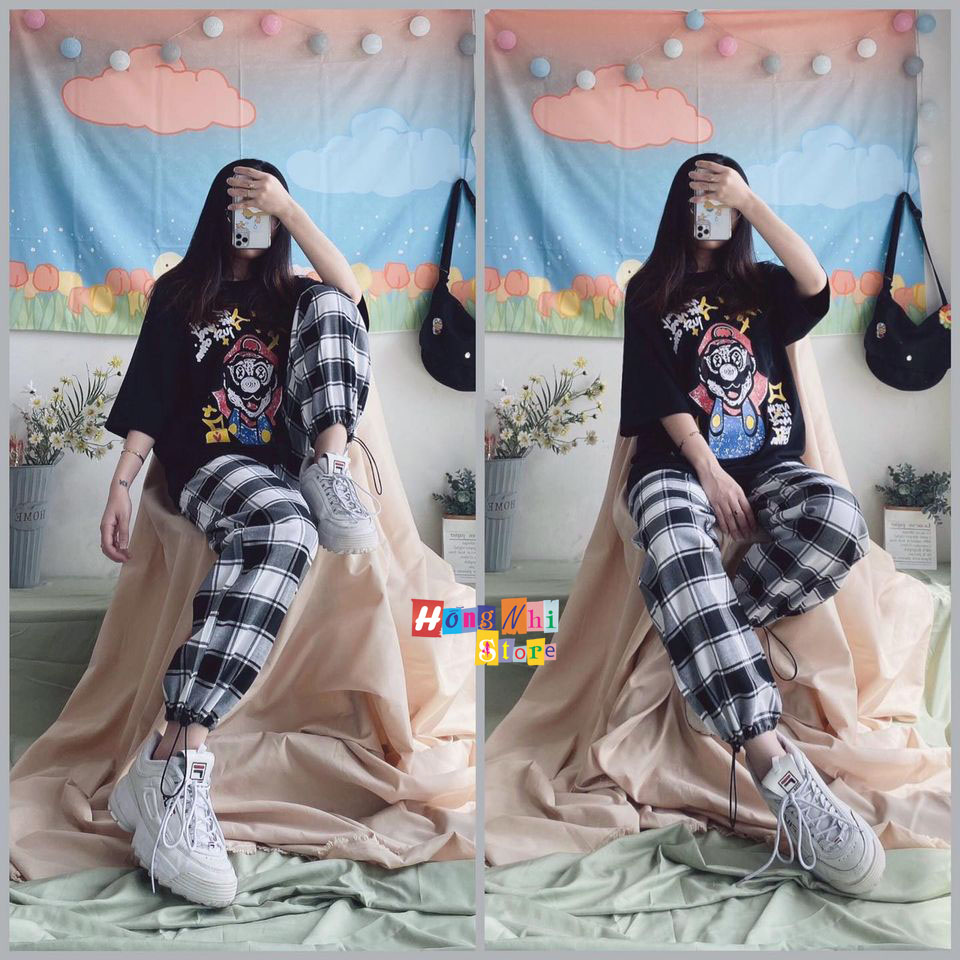 QUẦN CARO DÂY RÚT LAI MÀU ĐEN - QUẦN CARO LƯNG THUN BO LAI LONG CARO PANT UNIEX - MM