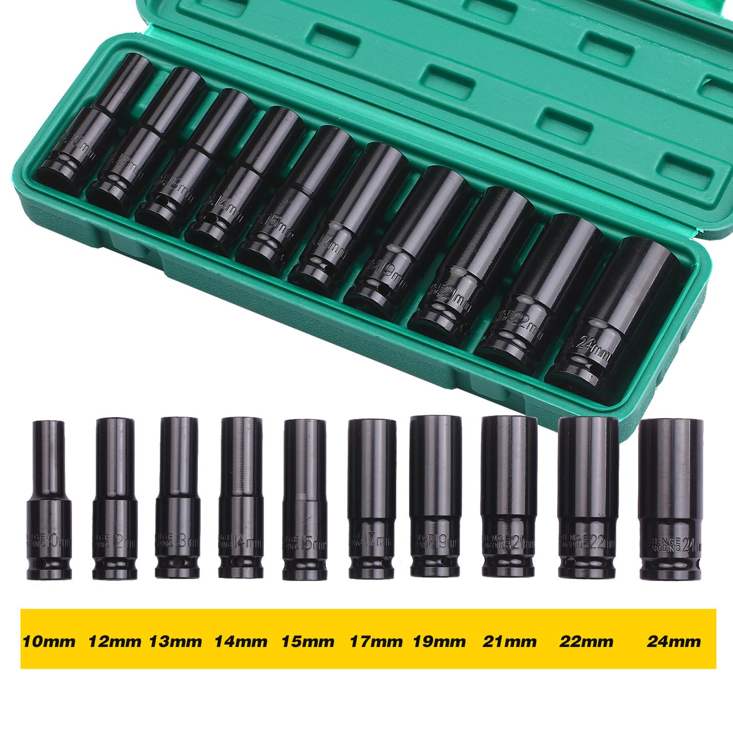 1/2Inch Drive 6-Point Impact Socket Set 10-Piece Metric Sizes 10-24mm Carbon Steel with Hard Storage Box